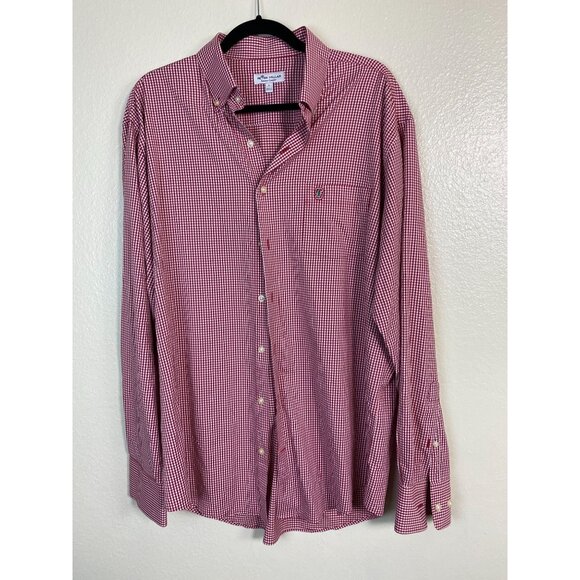 Peter Millar Mens Red Gingham Button Up Shirt size Large Cardinal Stanford Logo - Picture 1 of 15